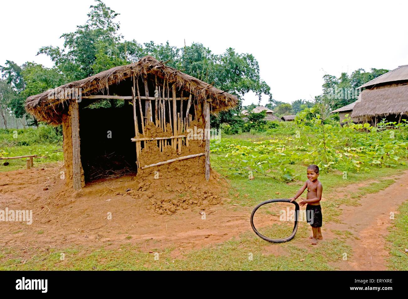 Villaggio capanna di bambù, ragazzo che gioca con il pneumatico del ciclo, strada di Chandrakona ; Midnapur ; distretto di Paschim Medinipur, Bengala occidentale ; India Foto Stock