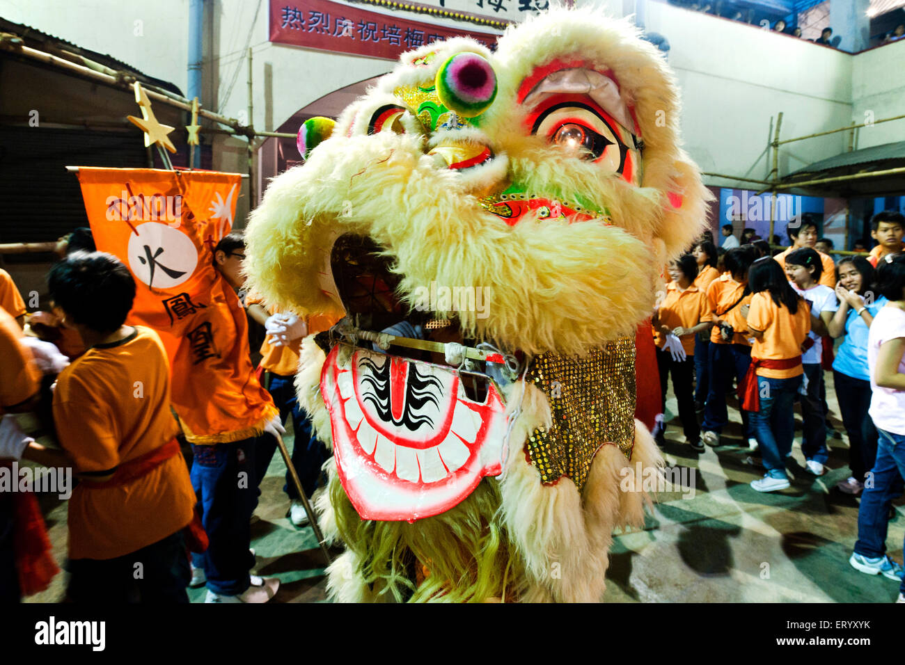 Leone maschera danza, cinese nuovo anno celebrazione, Calcutta, Kolkata, Bengala occidentale, India, asia Foto Stock