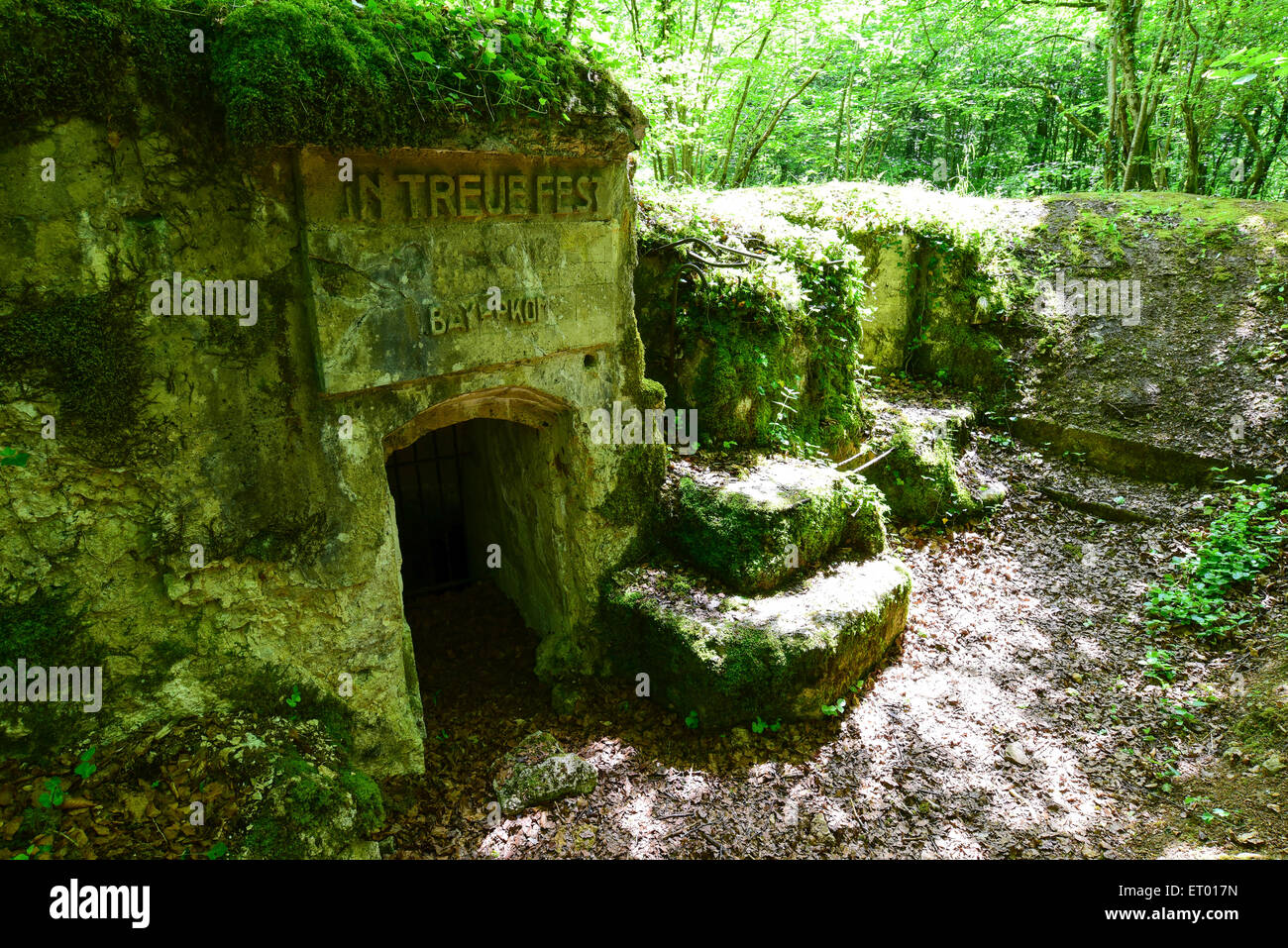 Il tedesco WWI bunker in calcestruzzo con iscrizione originale sopra l'ingresso, Ailly foresta, Saint Mihiel salienti, Lorena, Francia Foto Stock