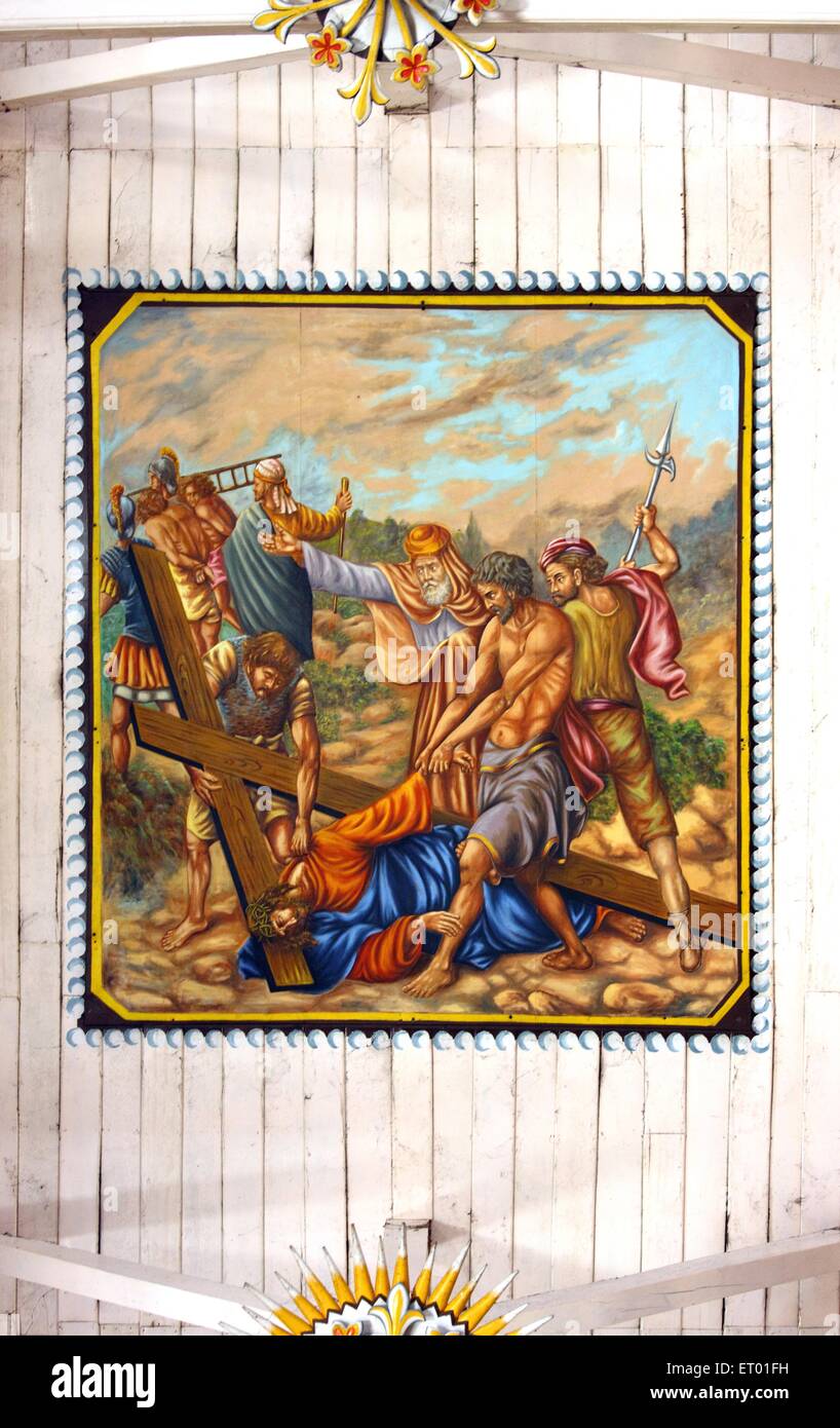 Il murale raffigurante la storia di Gesù Cristo nella santa cruz cattedrale cattolica ; Cochin Kochi ; Kerala ; India Foto Stock