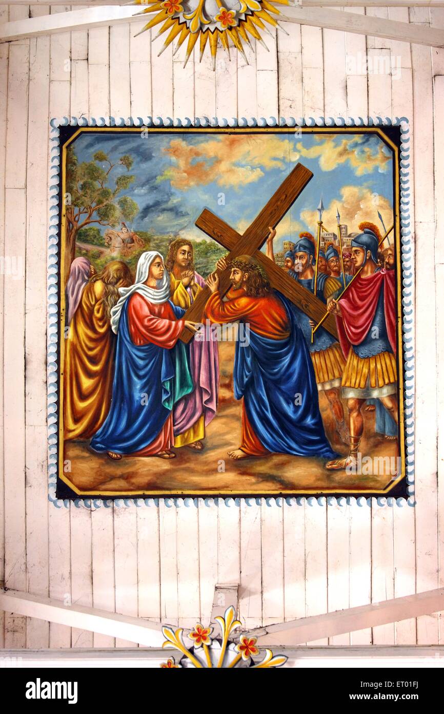 Il murale raffigurante la storia di Gesù Cristo nella santa cruz cattedrale cattolica ; Cochin Kochi ; Kerala ; India Foto Stock