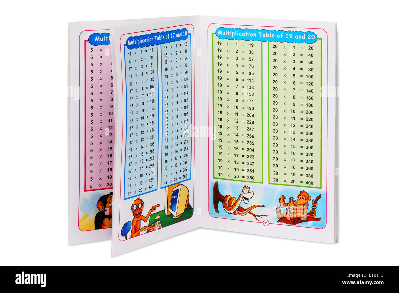 tabella delle moltiplicazioni, libro di matematica su sfondo bianco Foto Stock