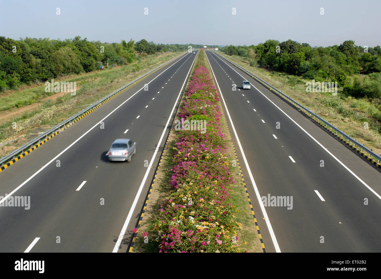 Ahmedabad Vadodara Expressway con fiori bed autostrade nazionali Autorità del Gujarat India India Foto Stock