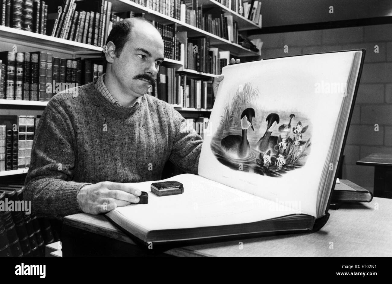 Pubblicità Officer David Boyes esamina alcuni dei tesori ospitati presso la Biblioteca Centrale, Newcastle. 16 gennaio 1984. Foto Stock