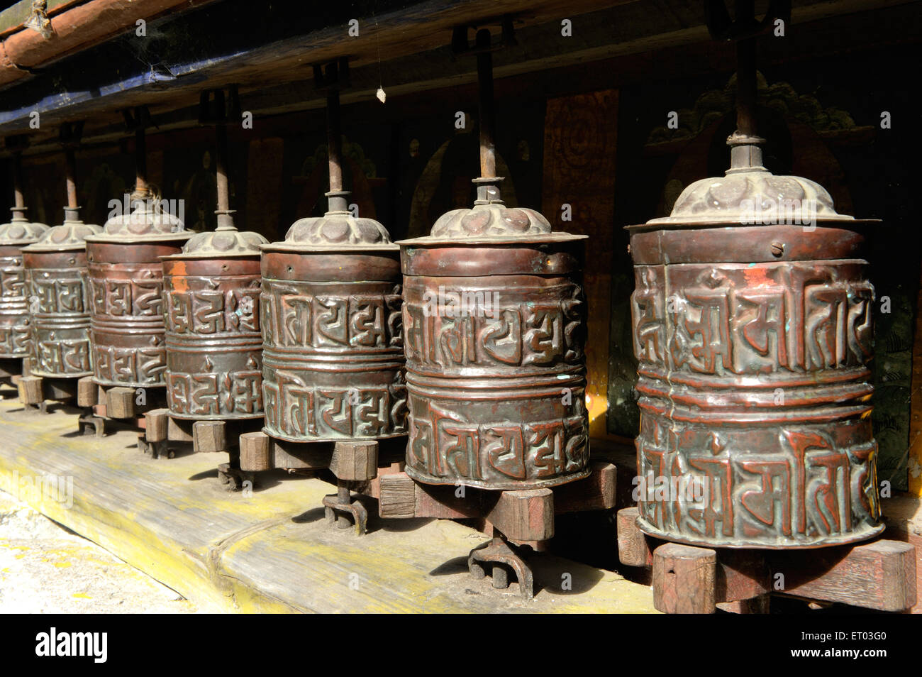 Ruote buddiste di preghiera , Bagarchhap , Manang , Gandaki , Nepal , Repubblica Democratica Federale del Nepal , Asia meridionale , Asia Foto Stock