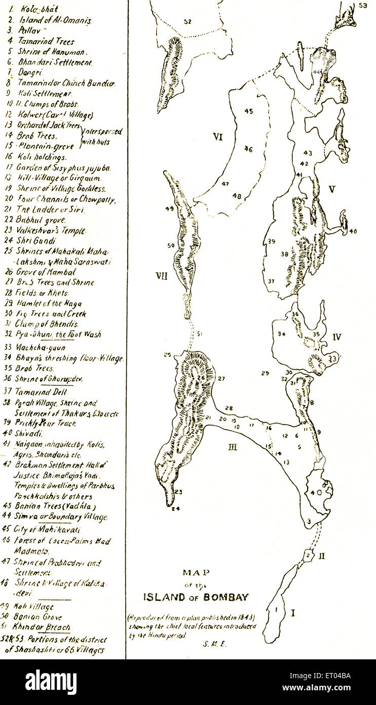 Bombay Mappa ; mappa dell'isola di Bombay ; riprodotta dal piano nel 1843 ; Mumbai ; Maharashtra ; India Foto Stock