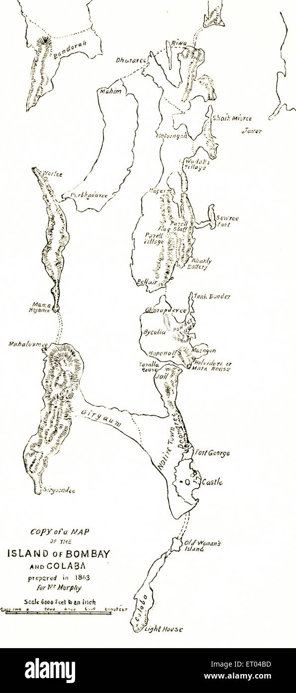 Bombay mappa , Mappa dell'isola di Bombay e colaba 1843 , mumbai , maharashtra , india - ACC 151327 Foto Stock