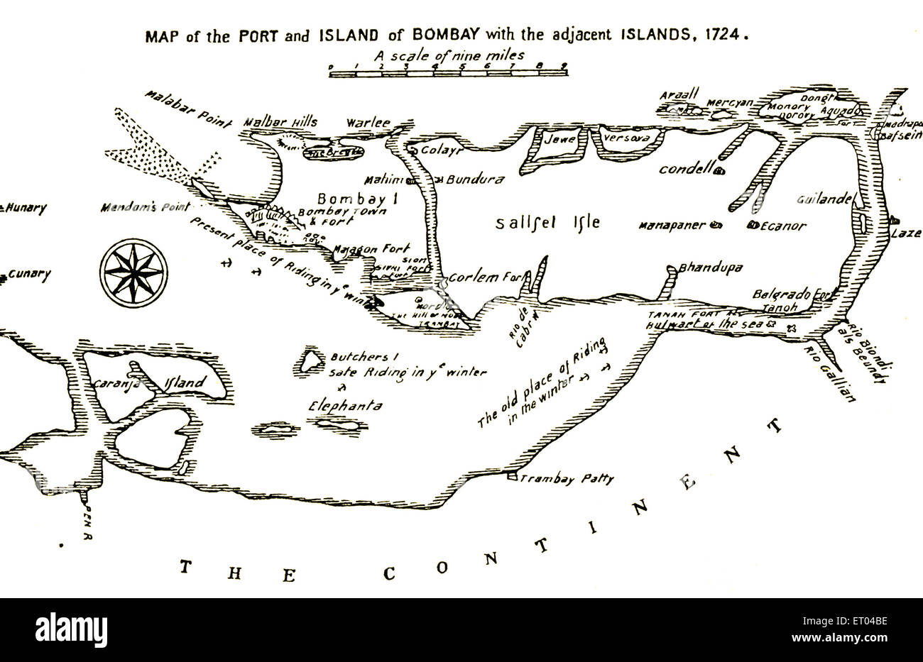 Bombay Mappa ; Mappa del porto e isola di Bombay con le isole adiacenti ; 1724 ; Mumbai ; Maharashtra ; India Foto Stock