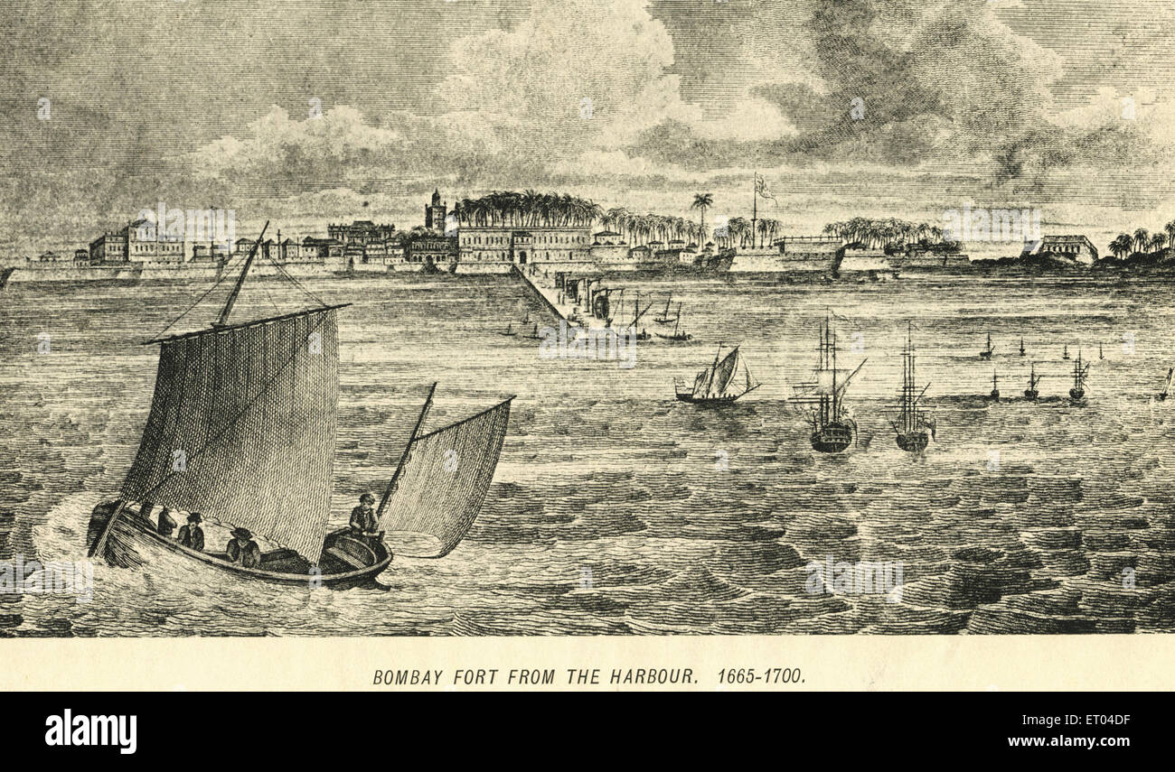 Bombay Fort dal porto 1665 a 1700 Bombay ora Mumbai Maharashtra India Asia vecchia incisione vintage 1600s 1700s Foto Stock