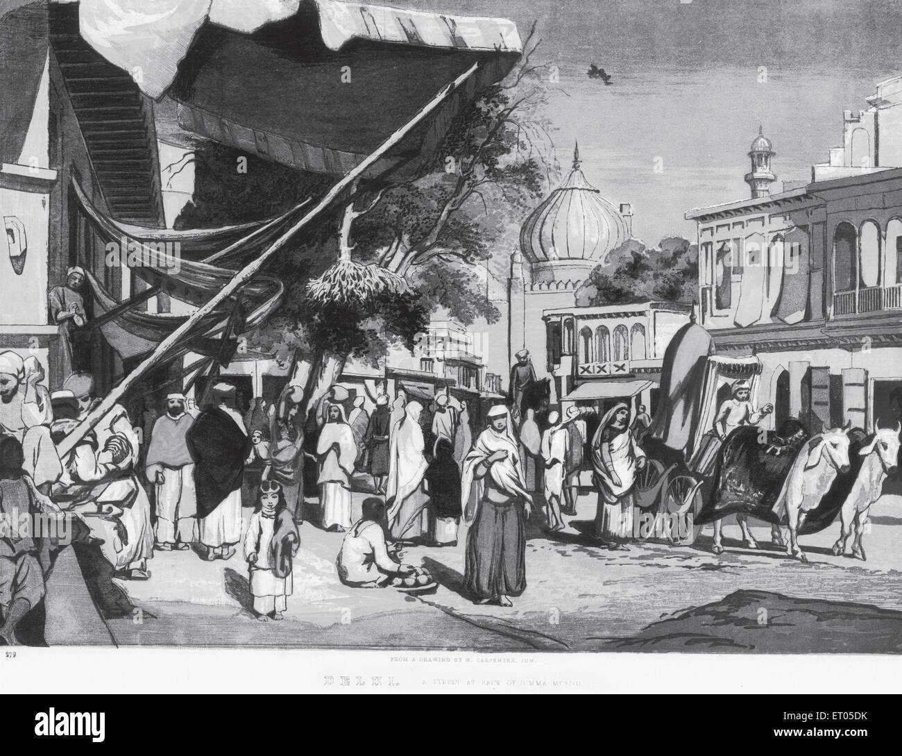 Jama Masjid, Jumma Masjid carrello bullock strada, Delhi, India, Asia, vecchia arte d'incisione d'epoca 1800s Foto Stock