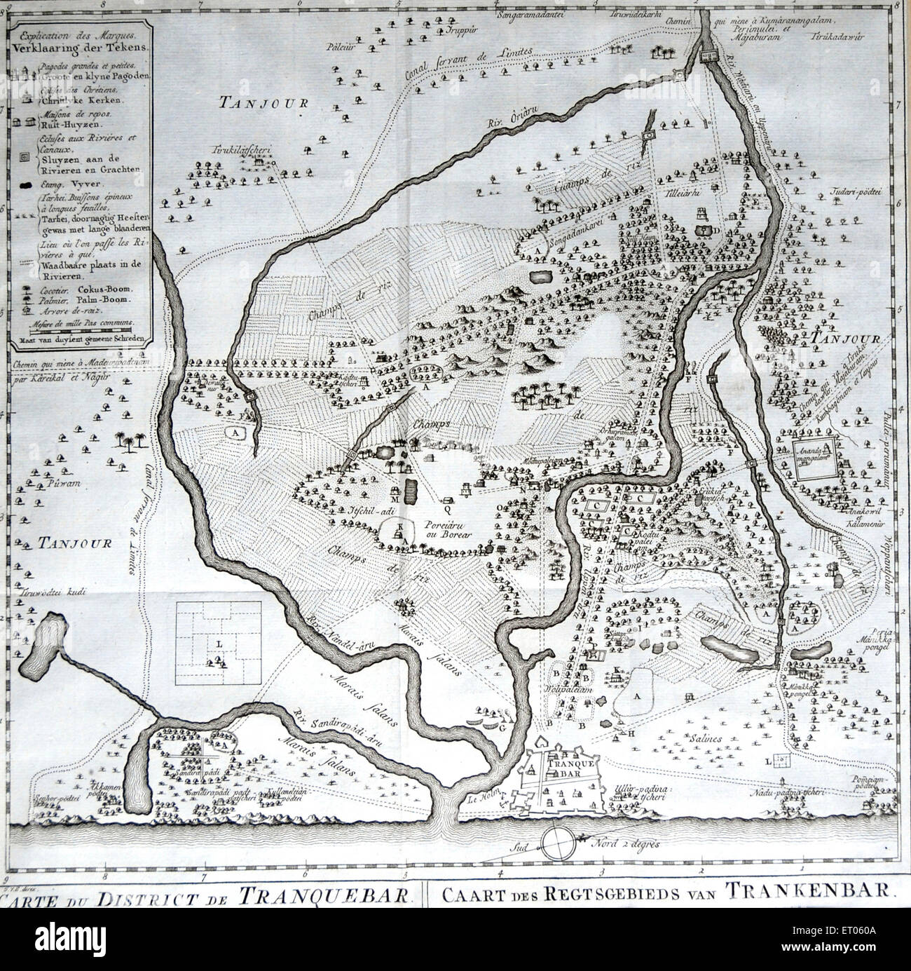 Mappa di India ; Carte du district de Tranquebar Caart des Regtsgebieds van Trankanbar Foto Stock