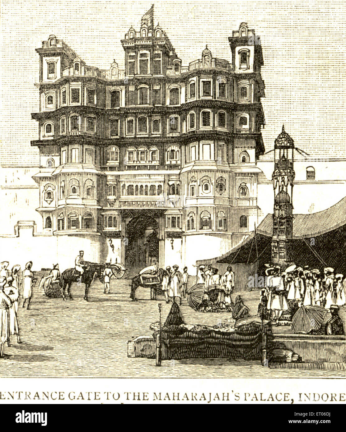 Rajwada Palace , porta d'ingresso al palazzo Maharaja , grafica 24 luglio 1886 , Indore , Uttar Pradesh , India , vecchia annata 1800 Foto Stock