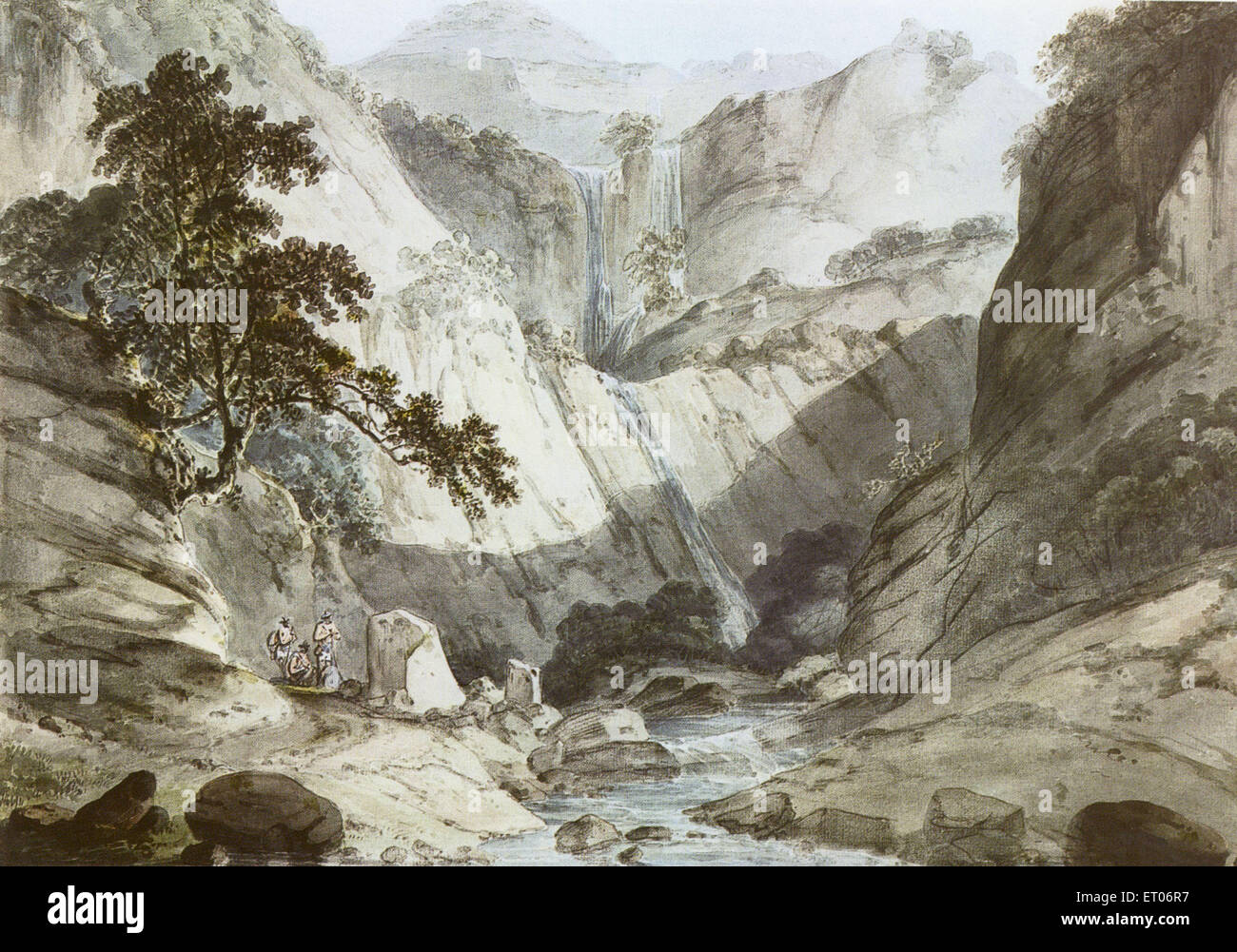 Cascata Neerghh Jharna vicino Hardwar, Haridwar, Uttaranchal, Uttarakhand, India, vecchio dipinto d'acqua del 1700 di Thomas Daniell, 1749-1840 Foto Stock