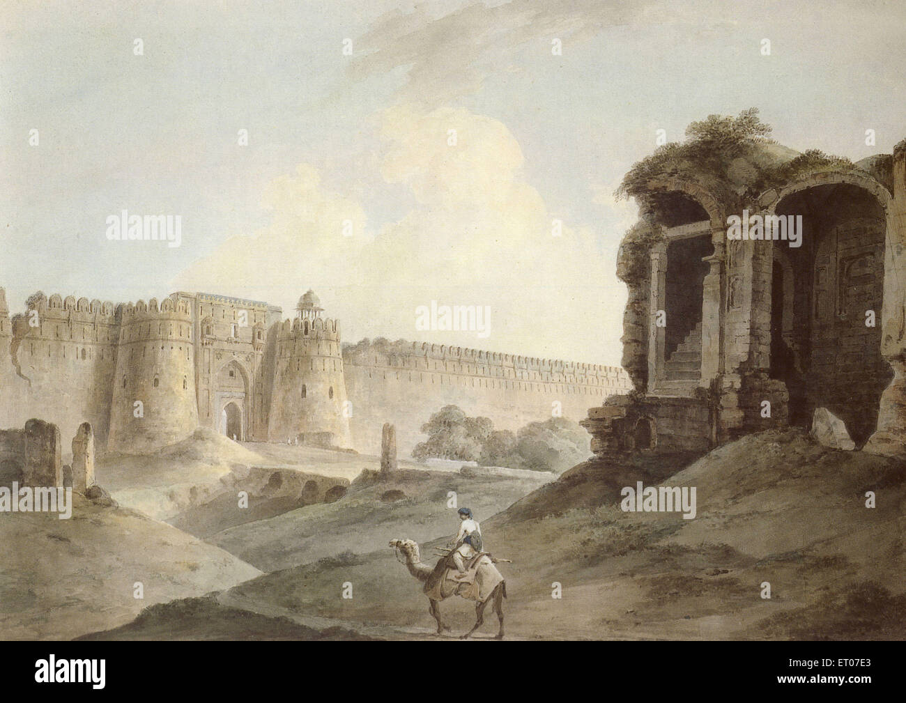Purana Qila, Old Fort, Shergerh & Sher Fort, il più antico forte di Delhi, cavaliere di cammelli, Delhi, India, Asia, vecchia immagine del 1800 Foto Stock