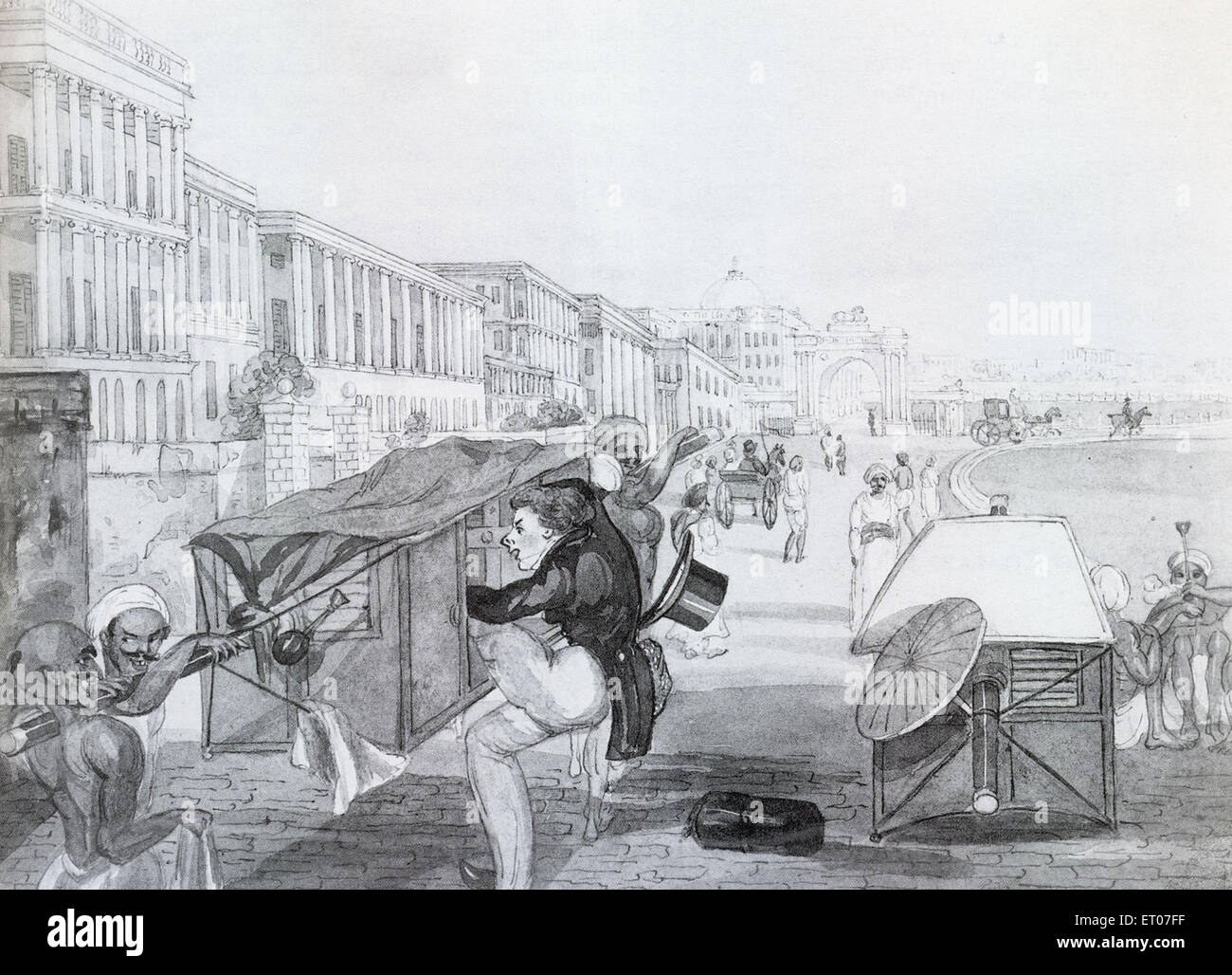 Pilota palanquin inesperto, Tom Raw inging palanquin su Esplanade, Calcutta, Kolkata, Bengala Occidentale, India, Asia di Sir Charles D'Oyly, 1781- 1845 Foto Stock