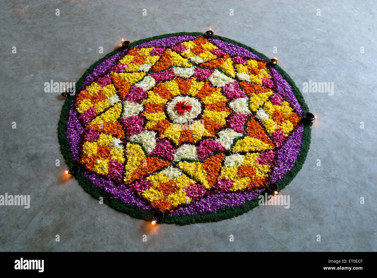 Decorazioni di fiori per il festival di onam ; Kerala ; India Foto Stock