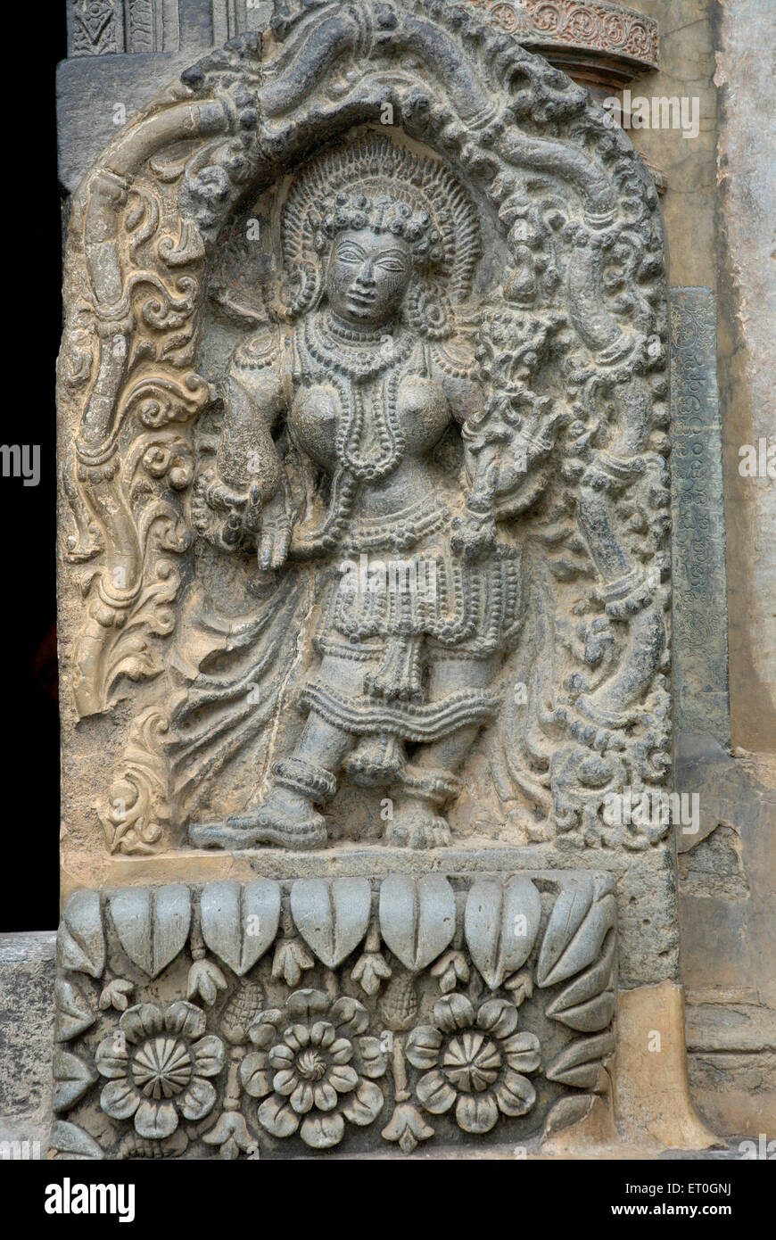 Figura femminile scolpita in pietra a Channakesava Vishnu tempio ; Belur ; district Hassan ; Karnataka ; India Foto Stock