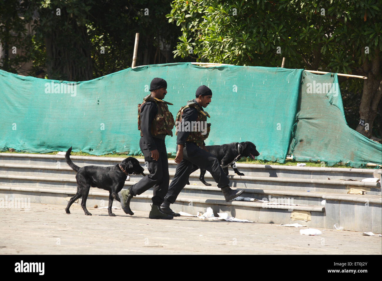 Comando della Guardia di sicurezza Nazionale con il cane, Taj Mahal Hotel, attacco di 2008 Mumbai, attacco terroristico, attacco terroristico, Bombay, Mumbai, Maharashtra, India Foto Stock