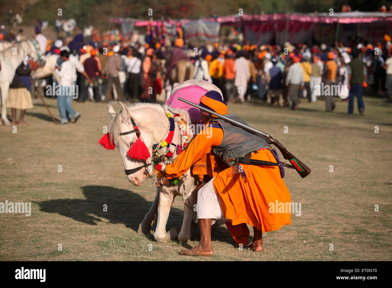 Nihang o guerriero Sikh con un fucile e cavallo durante la hola Mohalla celebrazione presso Anandpur sahib in Rupnagar Foto Stock