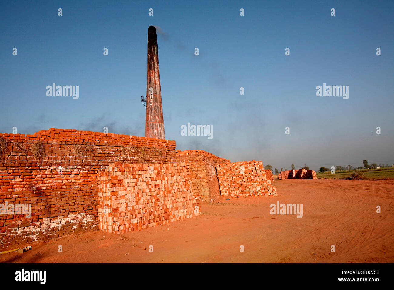 Mattoni, camino fabbrica di mattoni, forno di mattoni, fabbrica di mattoni, Punjab, India Foto Stock