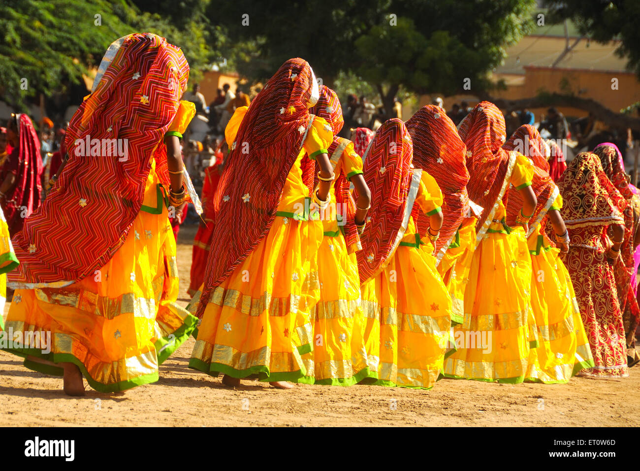 Ragazze che indossano abiti tradizionali colorati che danzano, Pushkar fair , Rajasthan , India Foto Stock