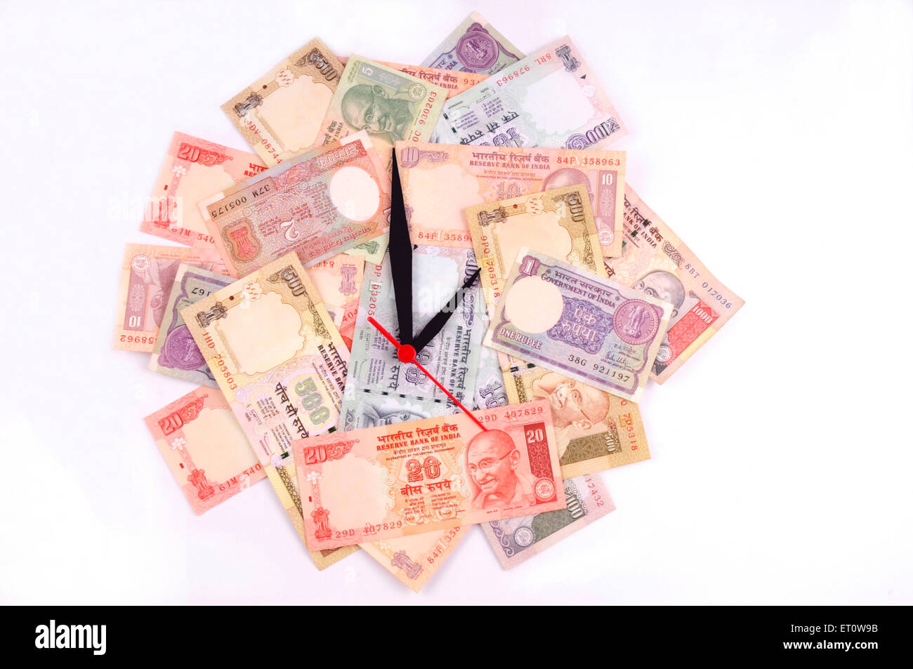Orologio da parete con quadrante della rupia indiana di carta moneta di denaro Foto Stock