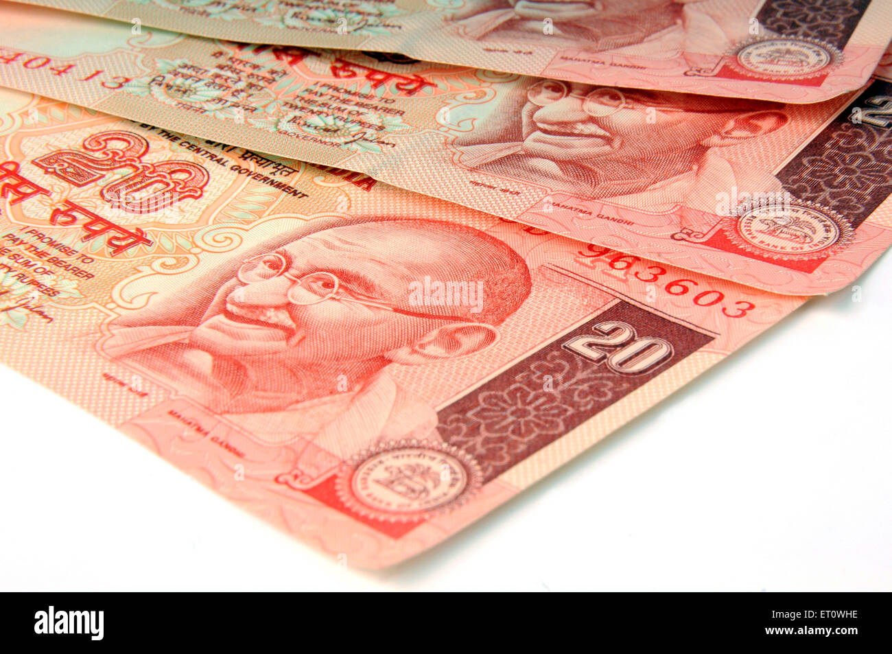 Concetto di valuta indiana venti rupee note Foto Stock