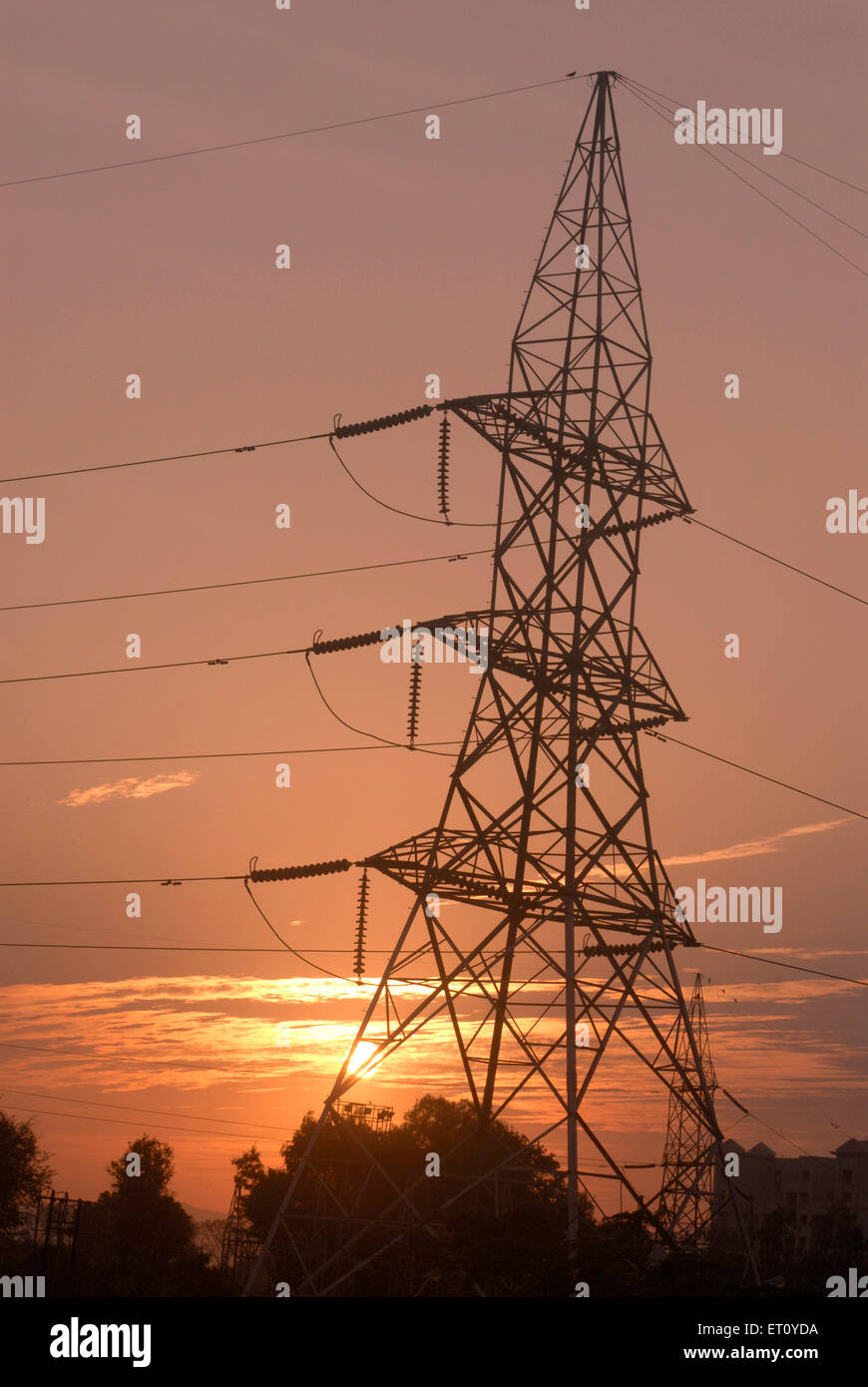 Linee elettriche aeree, cavi ad alta tensione, torre di trasmissione, India Foto Stock