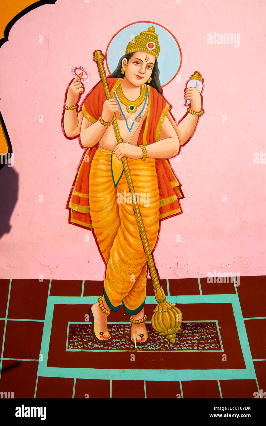 Dvarapala, Dvarapalaka, guardiano della porta, guardiano del cancello, macebealer, Portiere, dipinto su Shree Kasba Ganpati Mandir muro, Pune, Maharashtra, India Foto Stock
