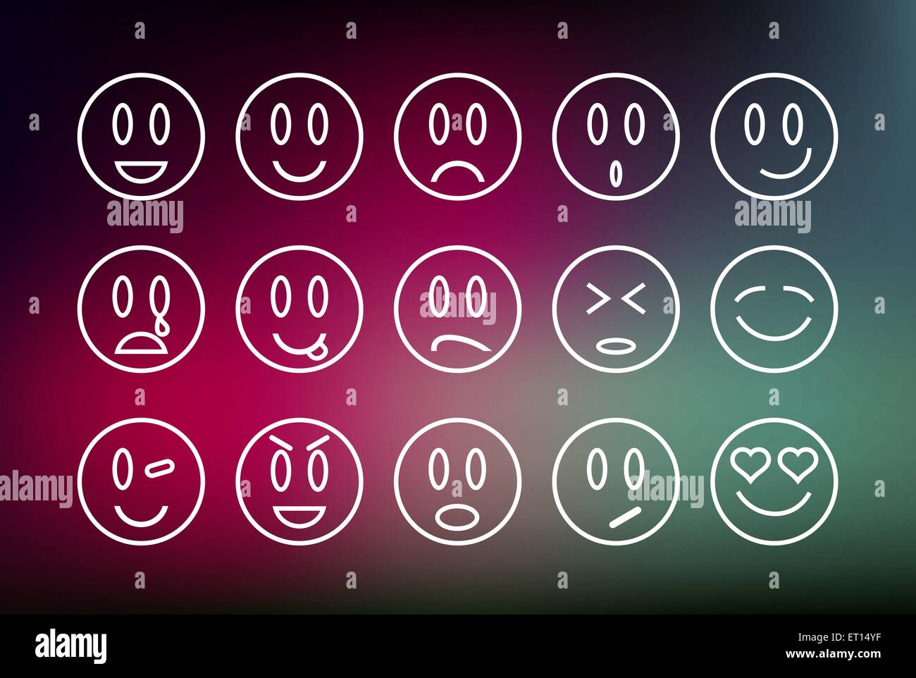 Set di emoticon illustrazione di linea con colorati sfondo sfocato. Ideale per il web, chat e app design. EPS10 file vettoriale. Illustrazione Vettoriale