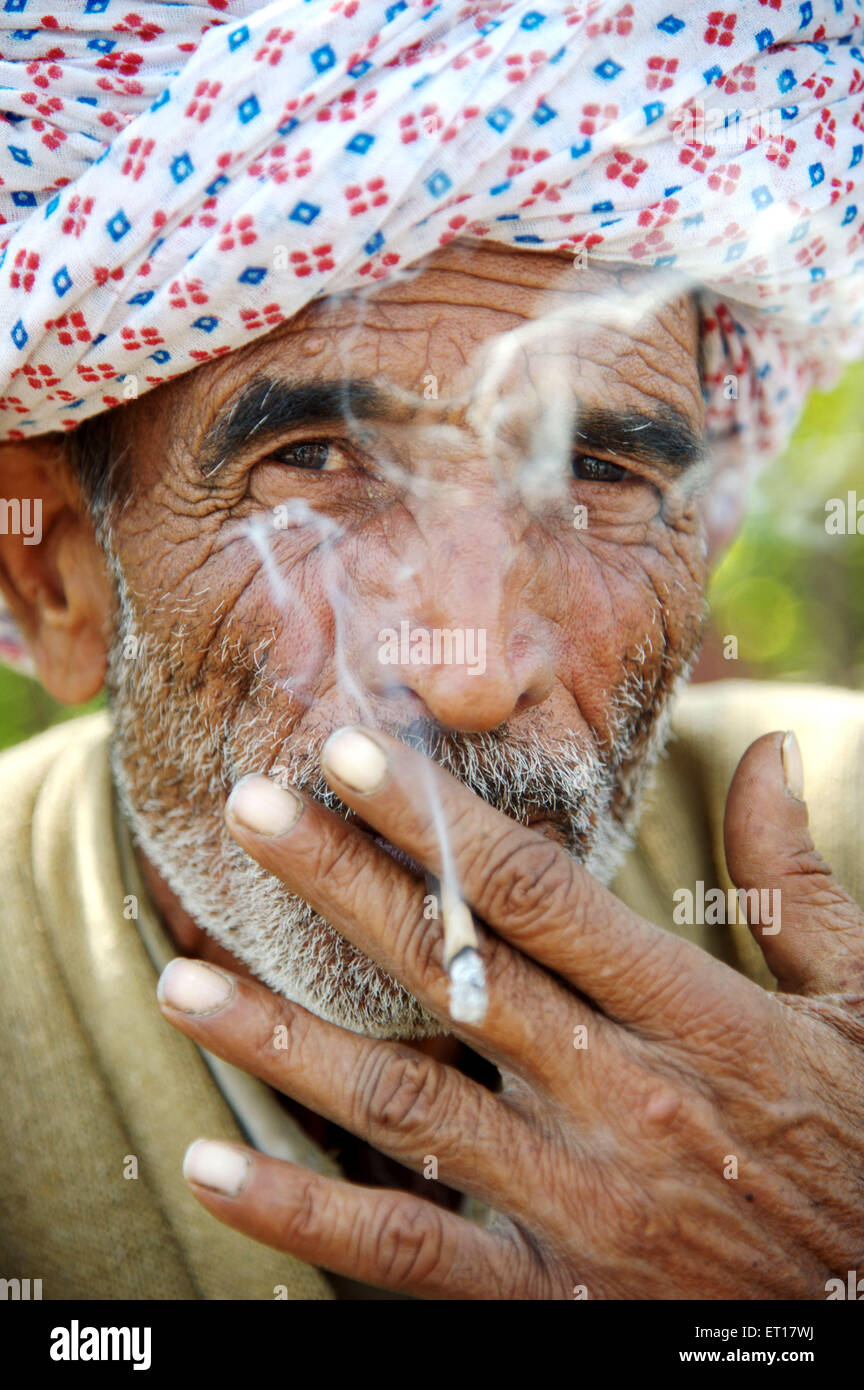 Vecchio uomo che fuma beedi Rajasthan India Asia Foto Stock