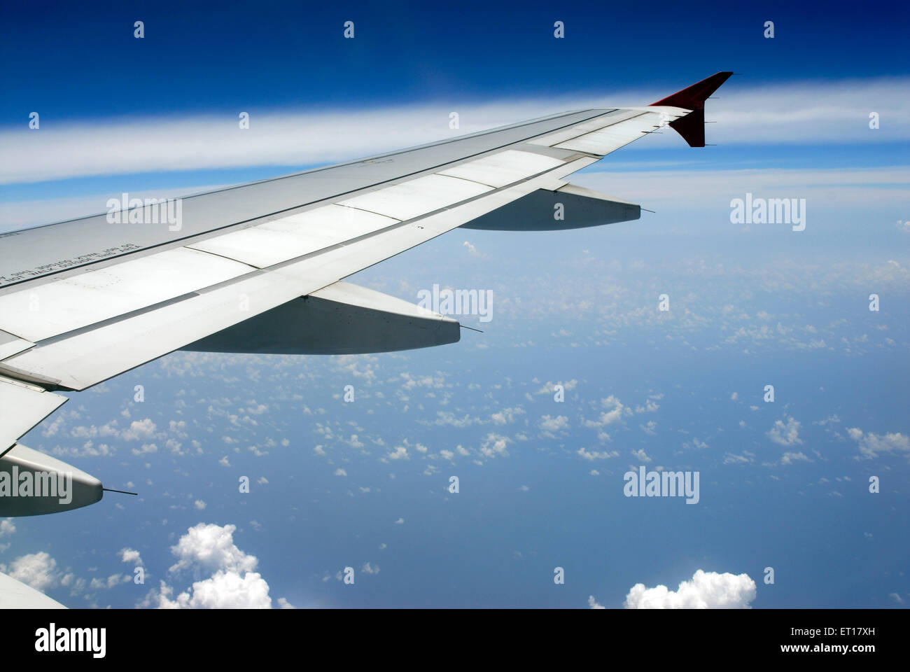 Vista aerea dell'ala di aeroplano nel cielo blu Foto Stock