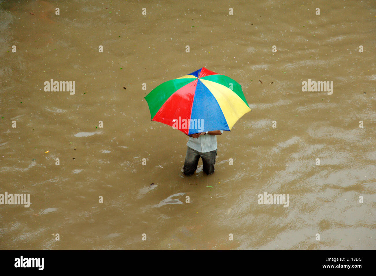 Uomo che cammina ginocchio profondo monsone acqua holding ombrello coloratissimo Mumbai Maharashtra India Signor#364 Foto Stock