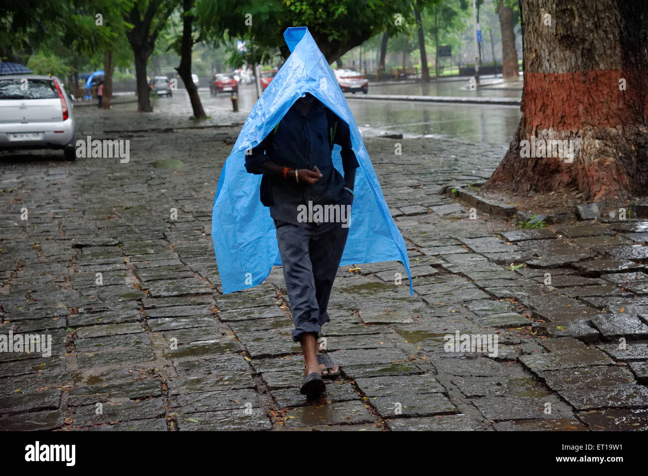 Uomo che cammina in Rainy Street coperto con una busta di plastica come ombrello signor# 364 Foto Stock