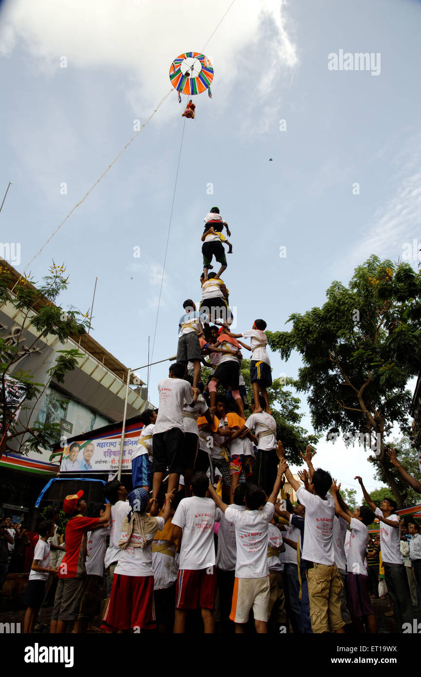 Govinda piramide umana cercando di rompere Dahi Handi su Janmashtmi Festival di Dadar Mumbai Foto Stock