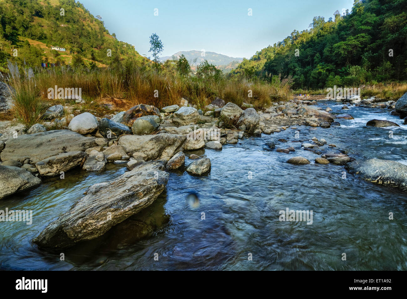 Reshi acqua di un fiume che scorre sulle rocce Sikkim India Foto Stock