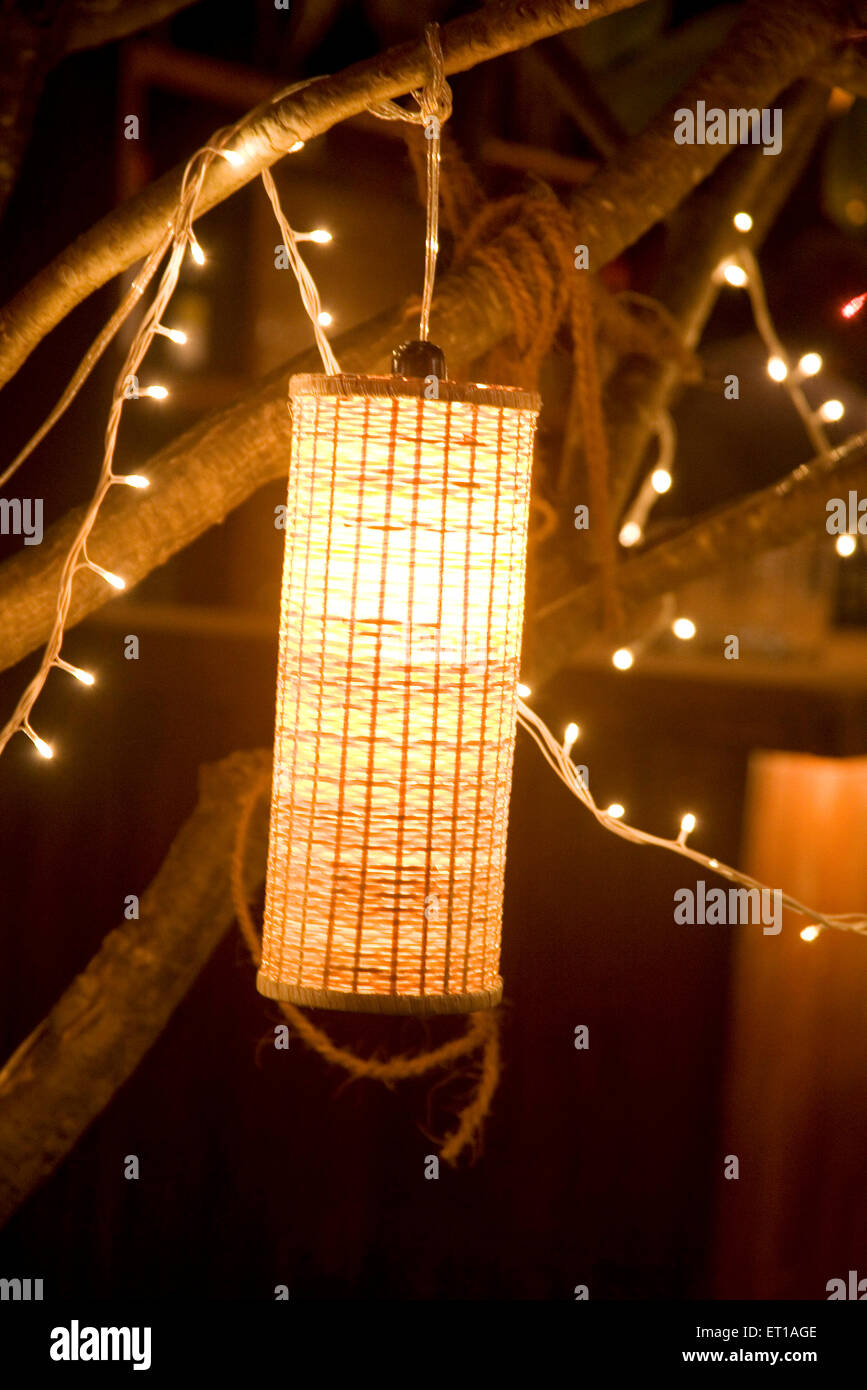 La luce artificiale con lampada e piccoli bulbi appeso a un albero luce decorazione del partito ; Palolem beach ; Goa ; India Foto Stock