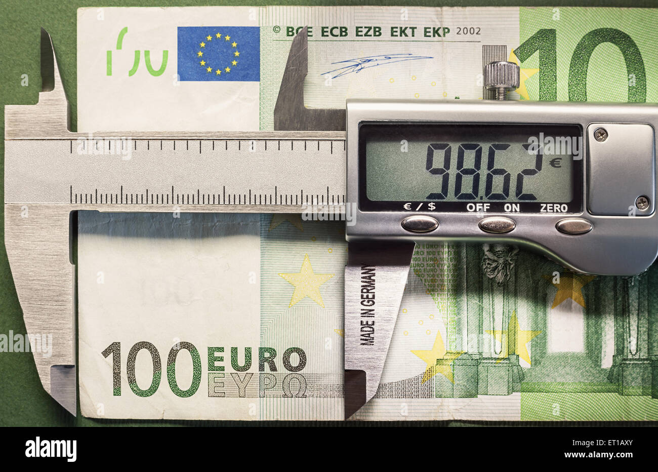 Composizione concettuale che rappresentano fondi svalutazione, simbolicamente mostrato con pinza scorrevole la misurazione di un centinaio di euro. Foto Stock