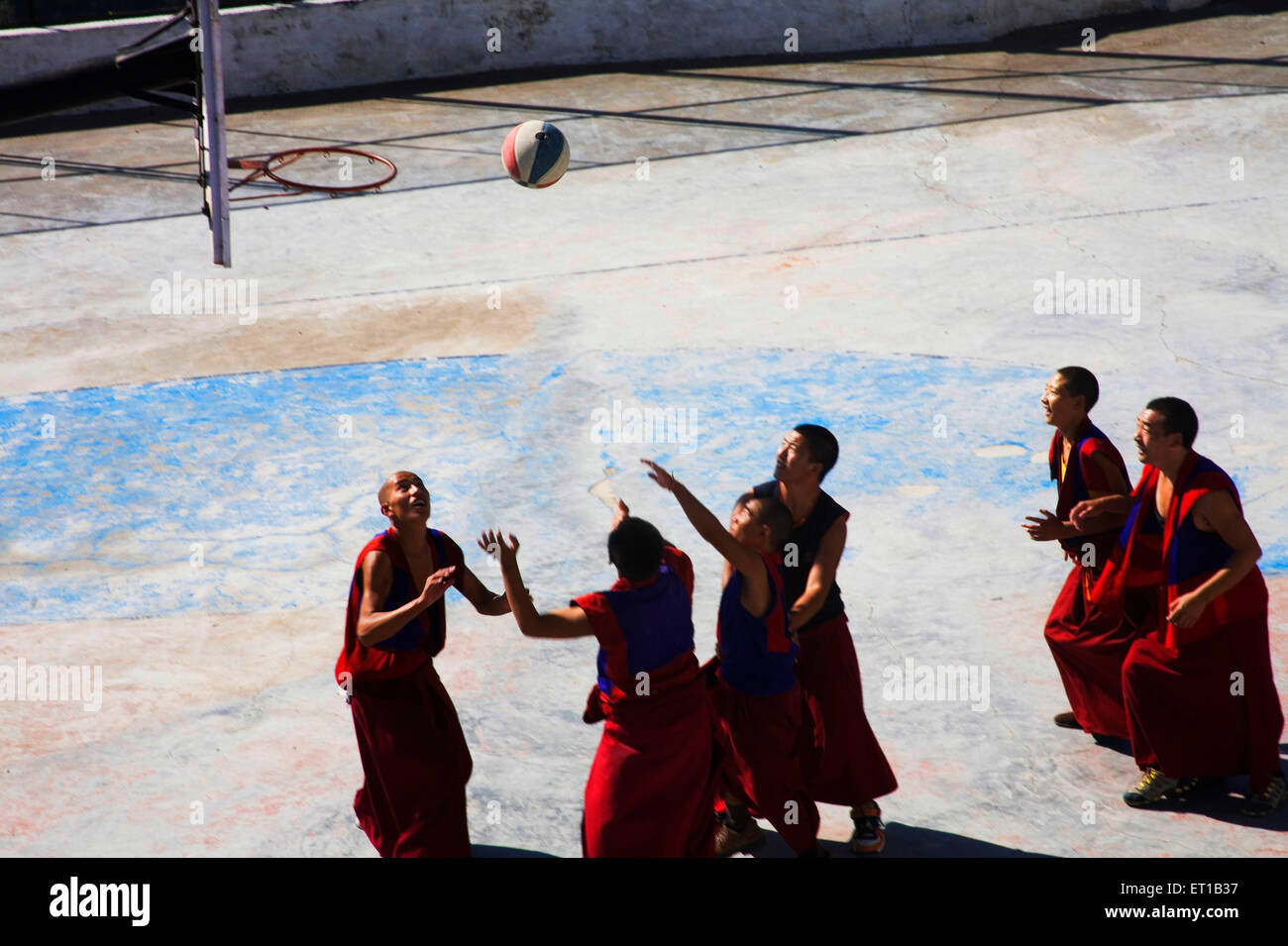 Monaci Tibetani che indossa il colore marrone rossiccio panni giocare a basket sul terreno ; Dulanji ; Himachal Pradesh ; India Foto Stock