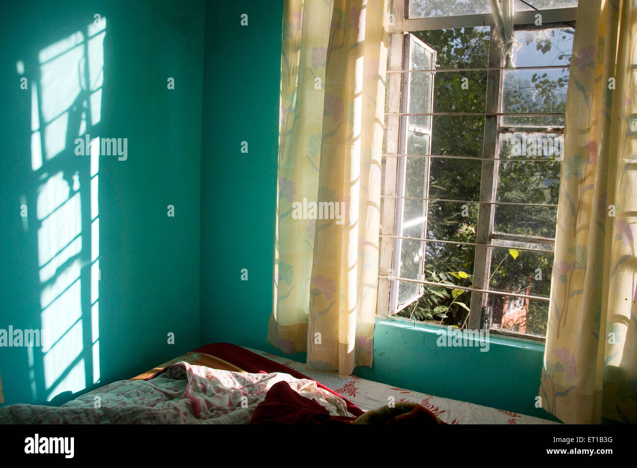 Finestra della camera d'hotel, McLeod Ganj, McLeodganj, Little Lhasa, Dhasa, Dharamshala, distretto di Kangra, Himachal Pradesh, India Foto Stock