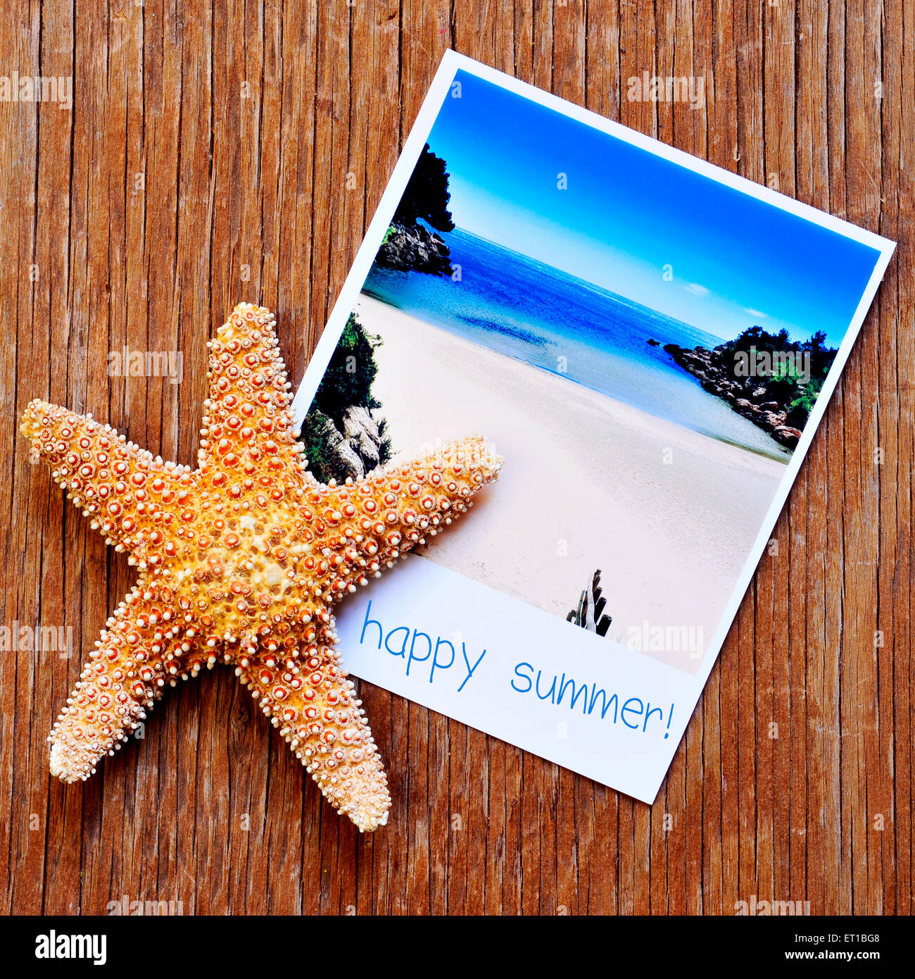 Alta angolazione di una stella di mare e una foto istantanea di una spiaggia tranquilla con il testo estate felice scritto nel suo telaio, posta o Foto Stock