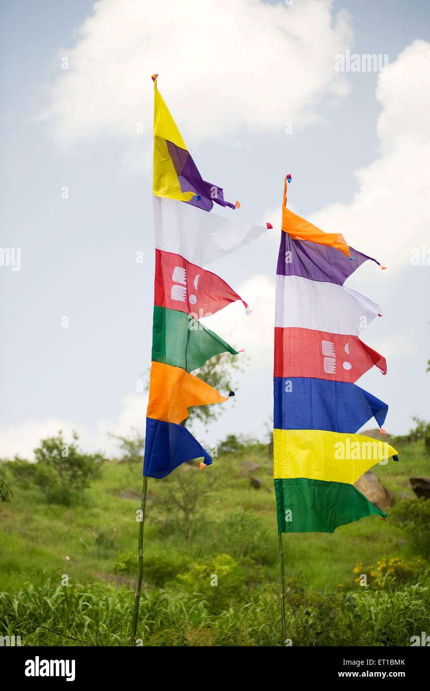 Baba Ramdev piede segno su bandiere ; Rajasthan ; India Foto Stock