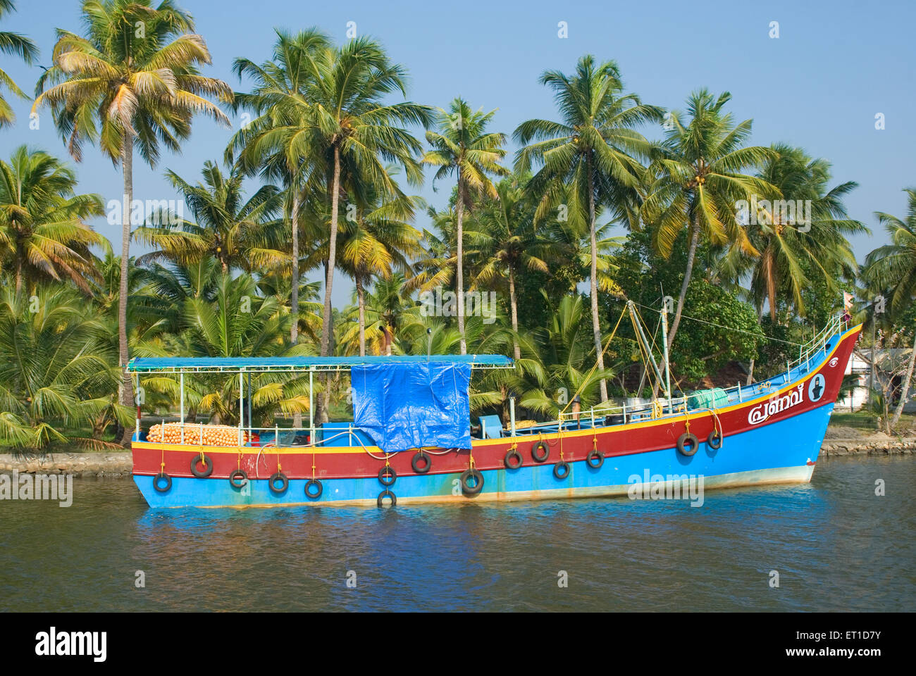 Barca sulla banca del fiume di ashtamudi ; Quilon ; Alleppey ; Kerala ; India Foto Stock