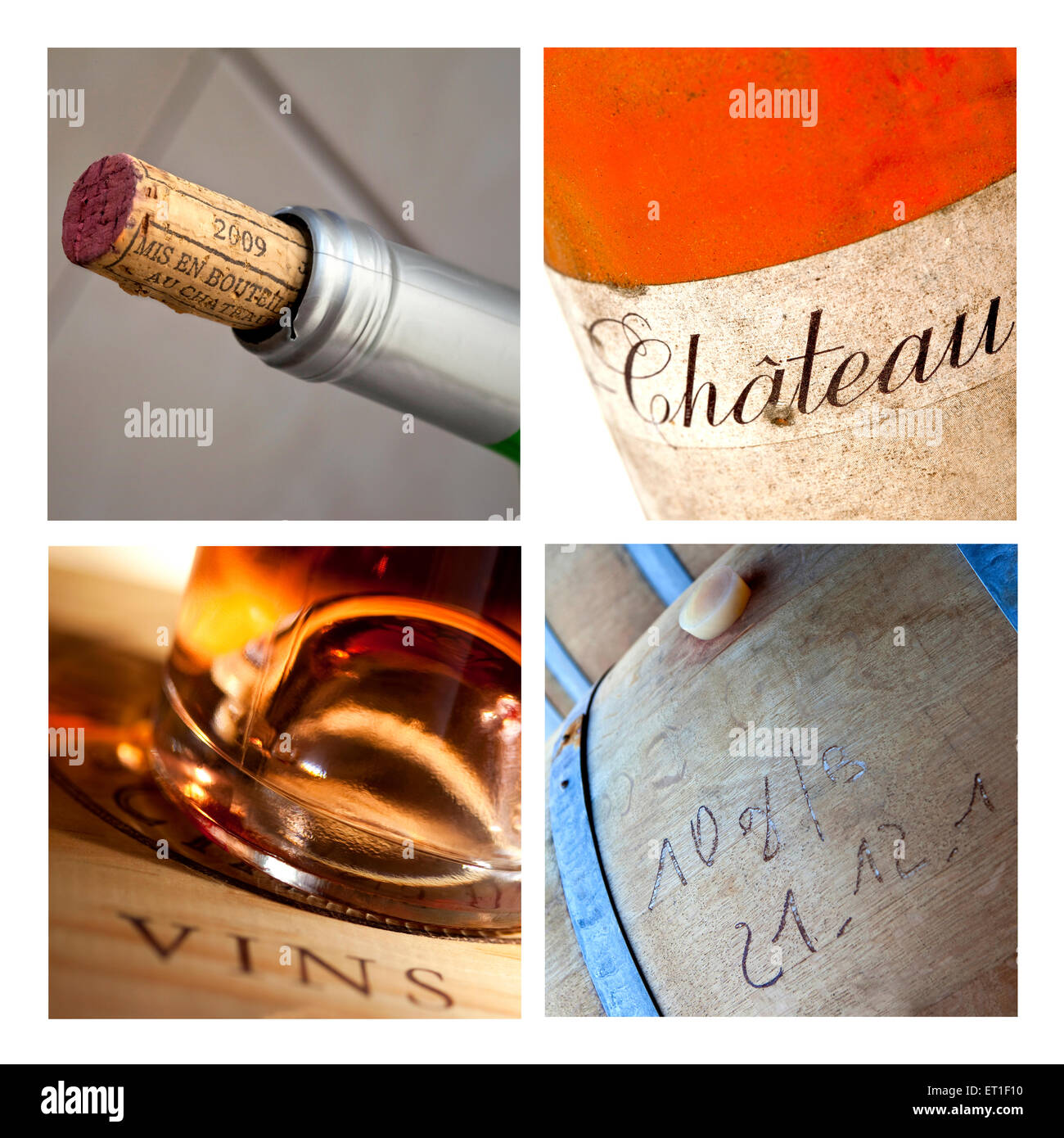 Ravvicinata di una bottiglia di vino e cantine su un collage Foto Stock