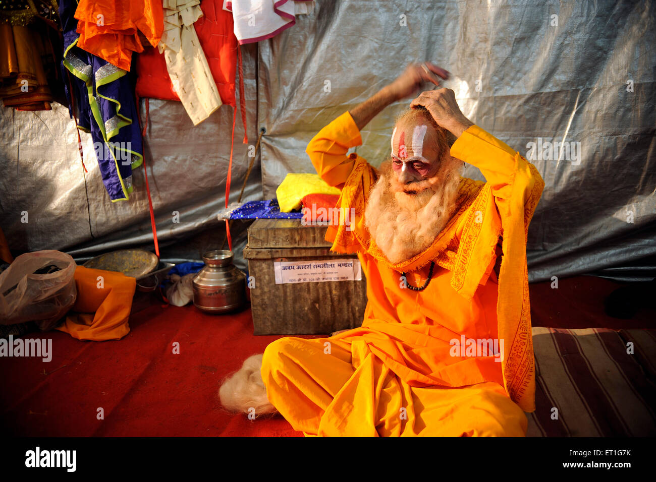 Dussehra festival, Dasara, Vijayadashami, Ramlila Ramayana epico spettacolo preparazione, Chowpatty, Bombay, Mumbai, Maharashtra, India Foto Stock