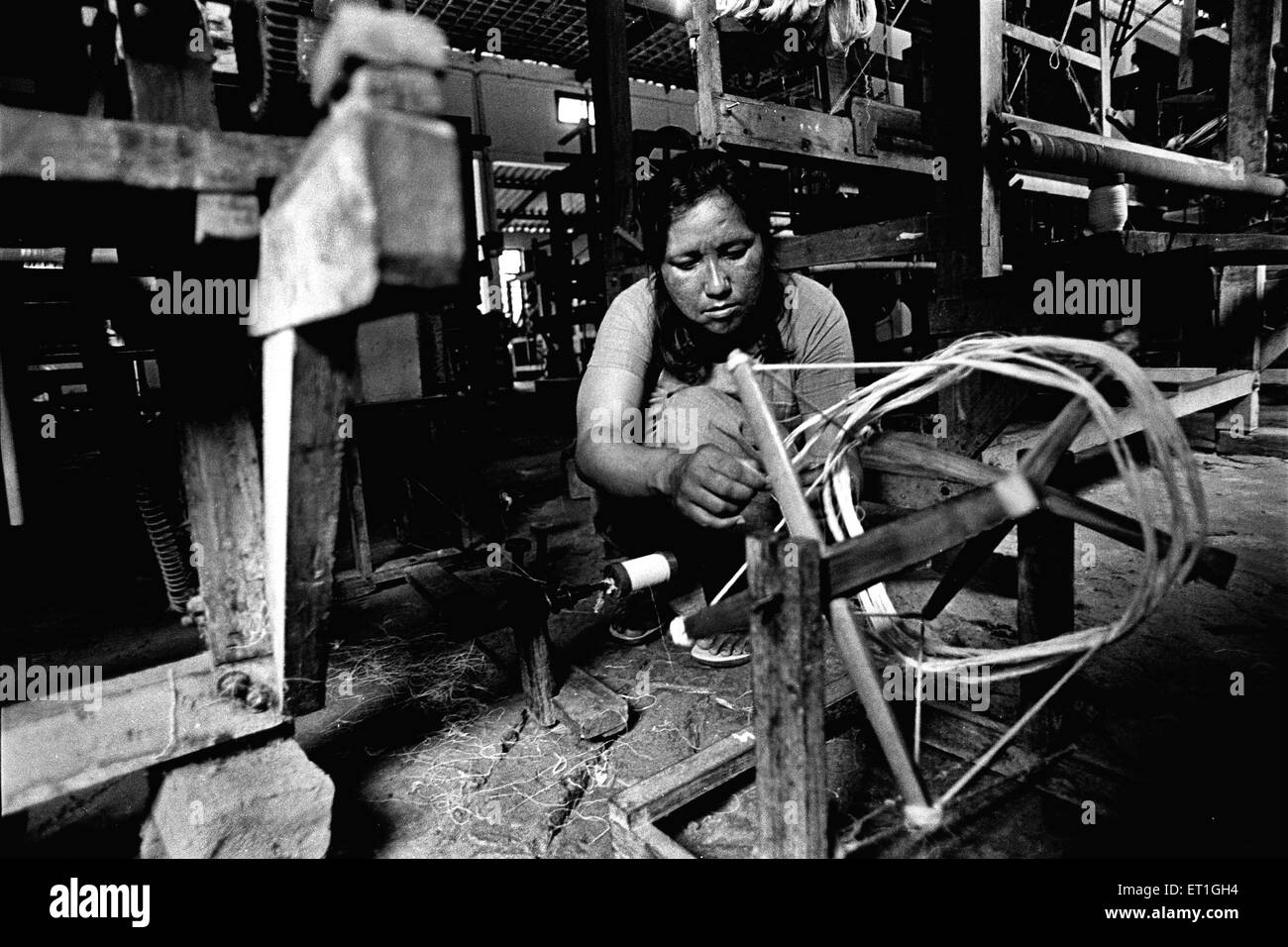 Donna tribale di Bodo che gira ruota, Assam, India, Asia, indiano, Asiatico Foto Stock