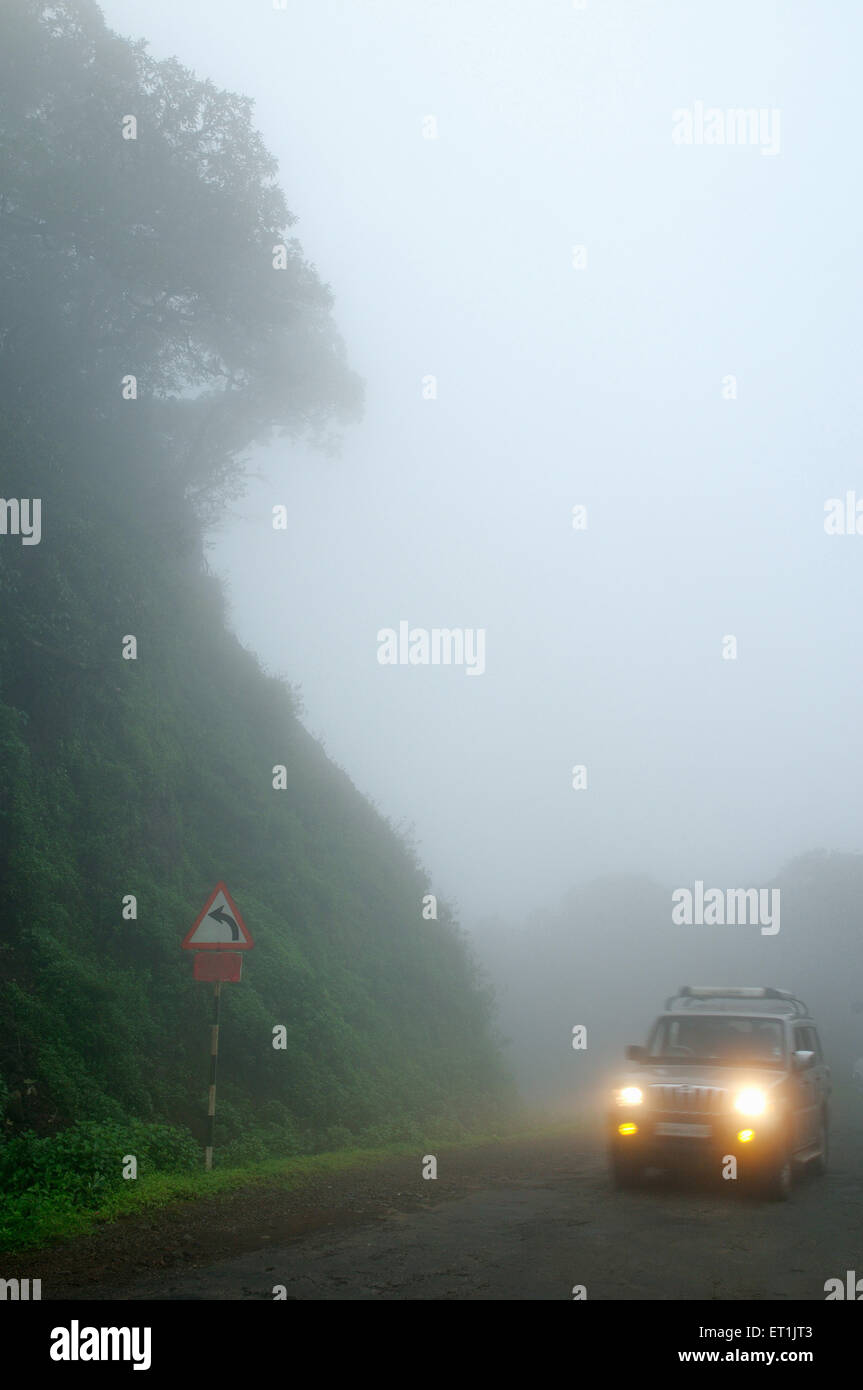 Fari di veicoli in atmosfera di nebbia ; Mahabaleshwar ; Maharashtra ; India Foto Stock