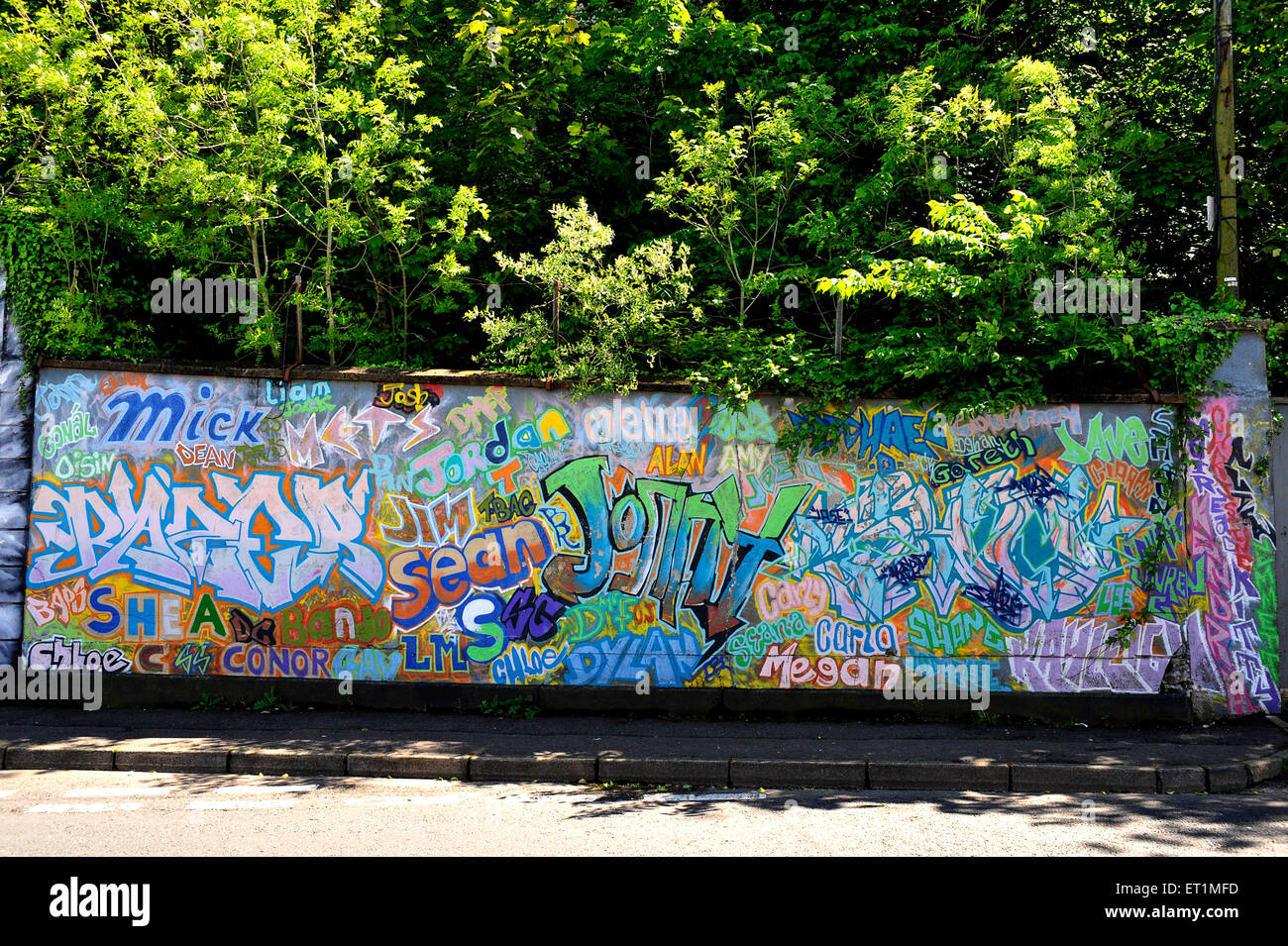 Graffiti - dei primi nomi di persone - su una parete nel Brandywell area nazionalista di Londonderry (Derry), l'Irlanda del Nord. Foto Stock