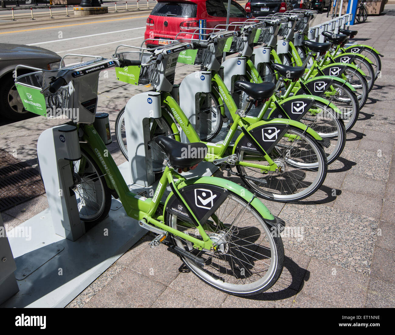 Bici verde. Non a scopo di lucro bike sharing programma in Salt Lake City nello Utah, progettata per migliorare la qualità dell'aria e salute umana Foto Stock