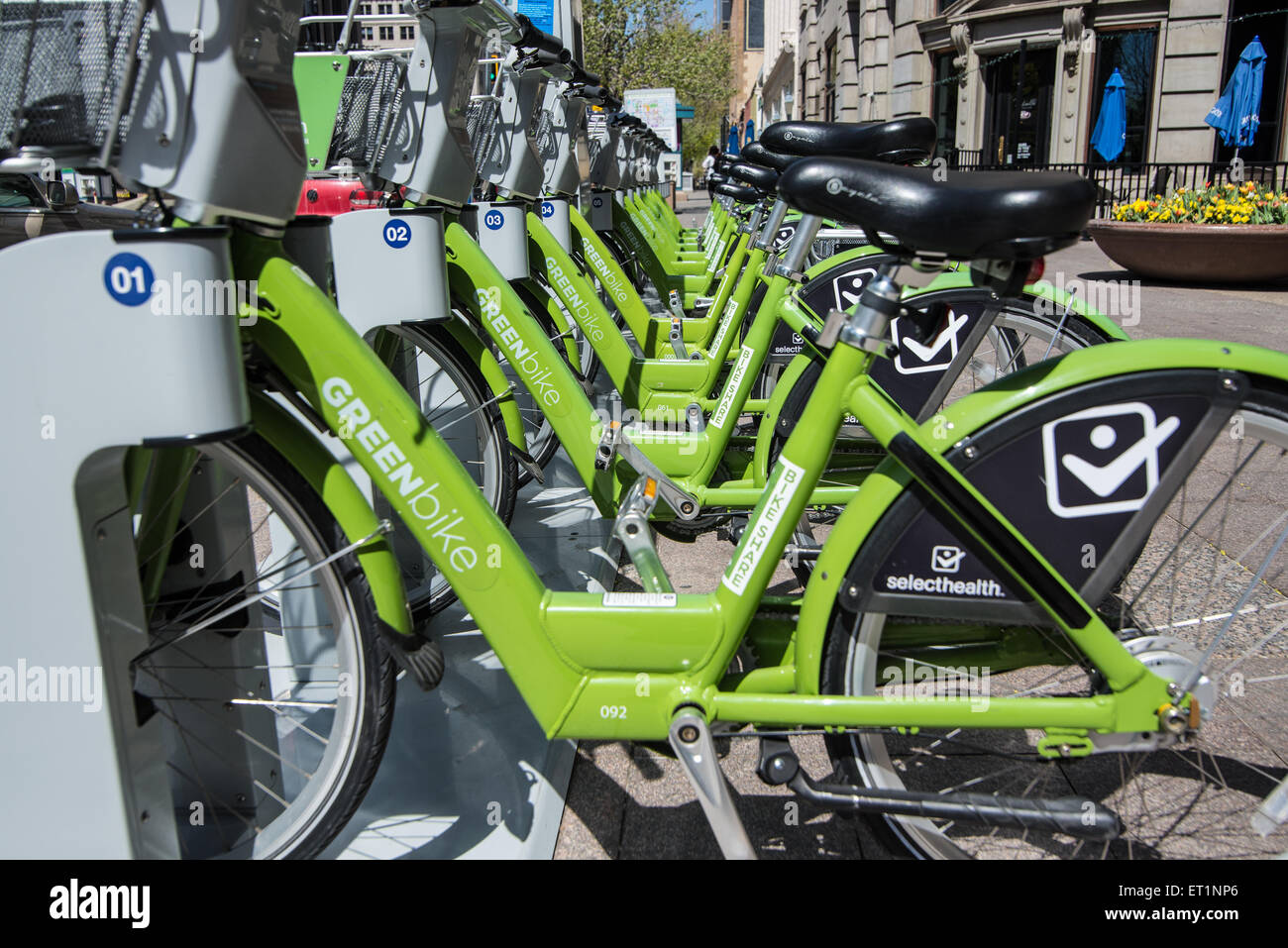 Bici verde. Non a scopo di lucro bike sharing programma in Salt Lake City nello Utah, progettata per migliorare la qualità dell'aria e salute umana Foto Stock